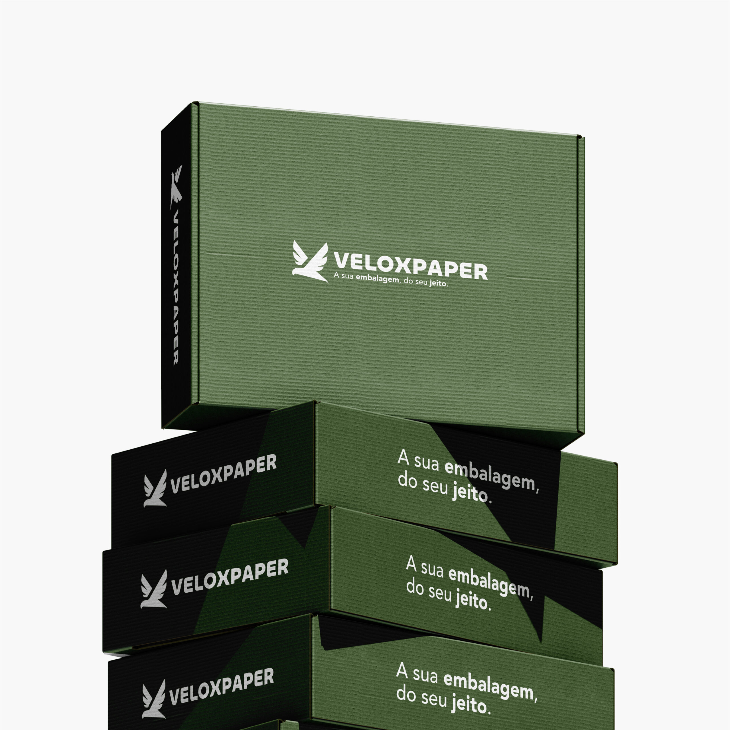 Design de marca e embalagens personalizadas para Veloxpaper, fabricante de caixas e produtos em papel.
